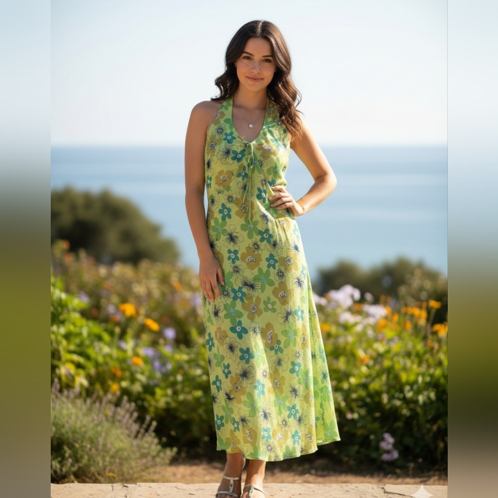 Vintage Nicolete Y2k Floral Green‎ Halter Dress Womens 14 Boho Hippie Retro Vibe
